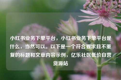 小红书业务下单平台	，小红书业务下单平台是什么，当然可以。以下是一个符合要求且不重复的标题和文章内容示例，亿乐社区低价自营货源站  第1张